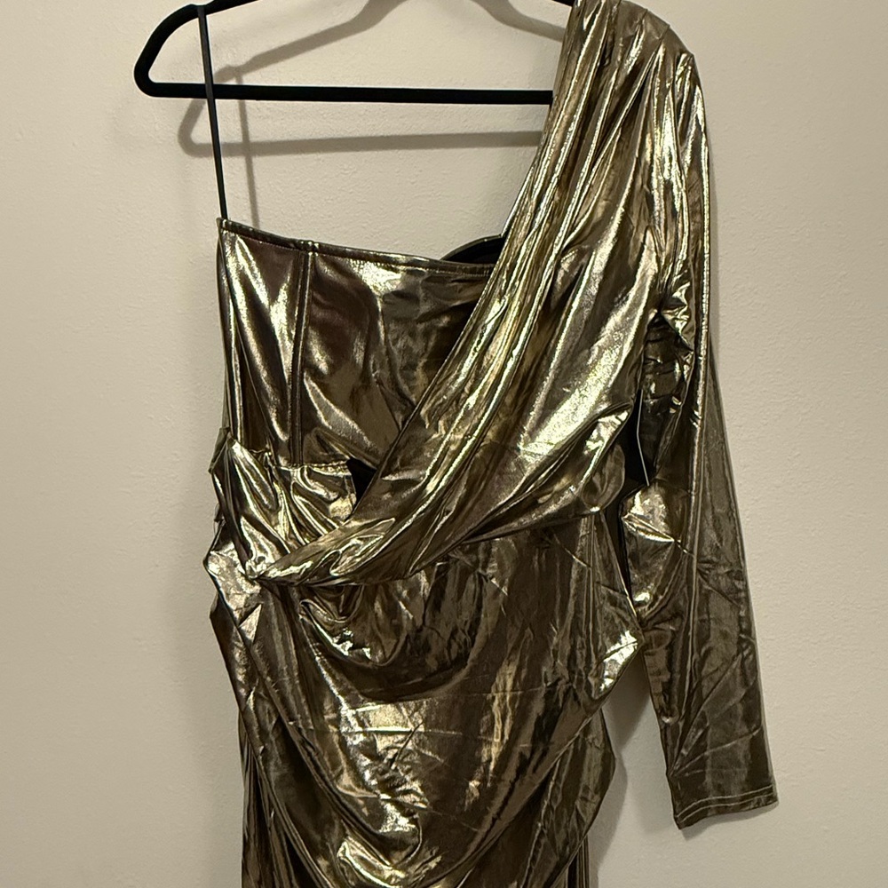 Silver Asymmetrical Ruched Gown with Slit for Cocktail - Picture 9 of 13